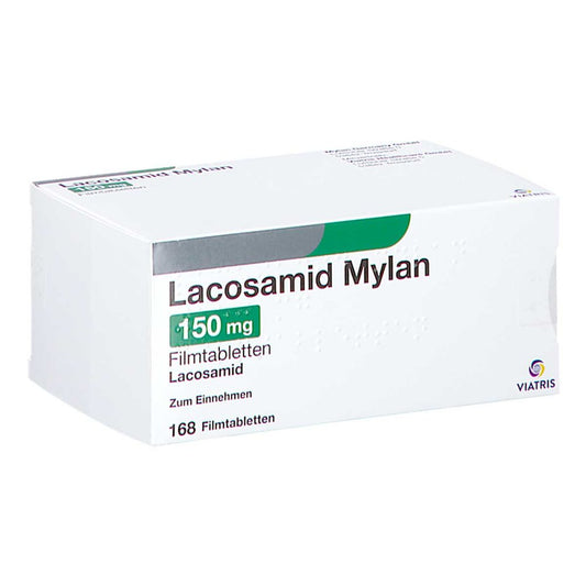 Das Produktfoto zeigt Lacosamid Mylan 150 Mg Filmtabletten (168 stk) PZN 17592269
