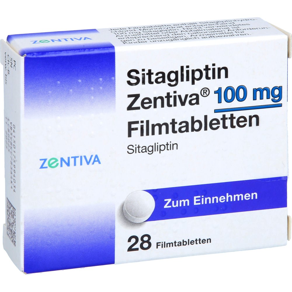 Das Produktfoto zeigt Sitagliptin Zentiva 100 Mg Filmtabletten (28 stk) PZN 17599403
