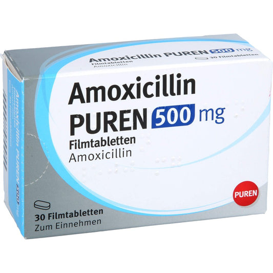 Das Produktfoto zeigt Amoxicillin Puren 500 Mg Filmtabletten (30 stk) PZN 17604191