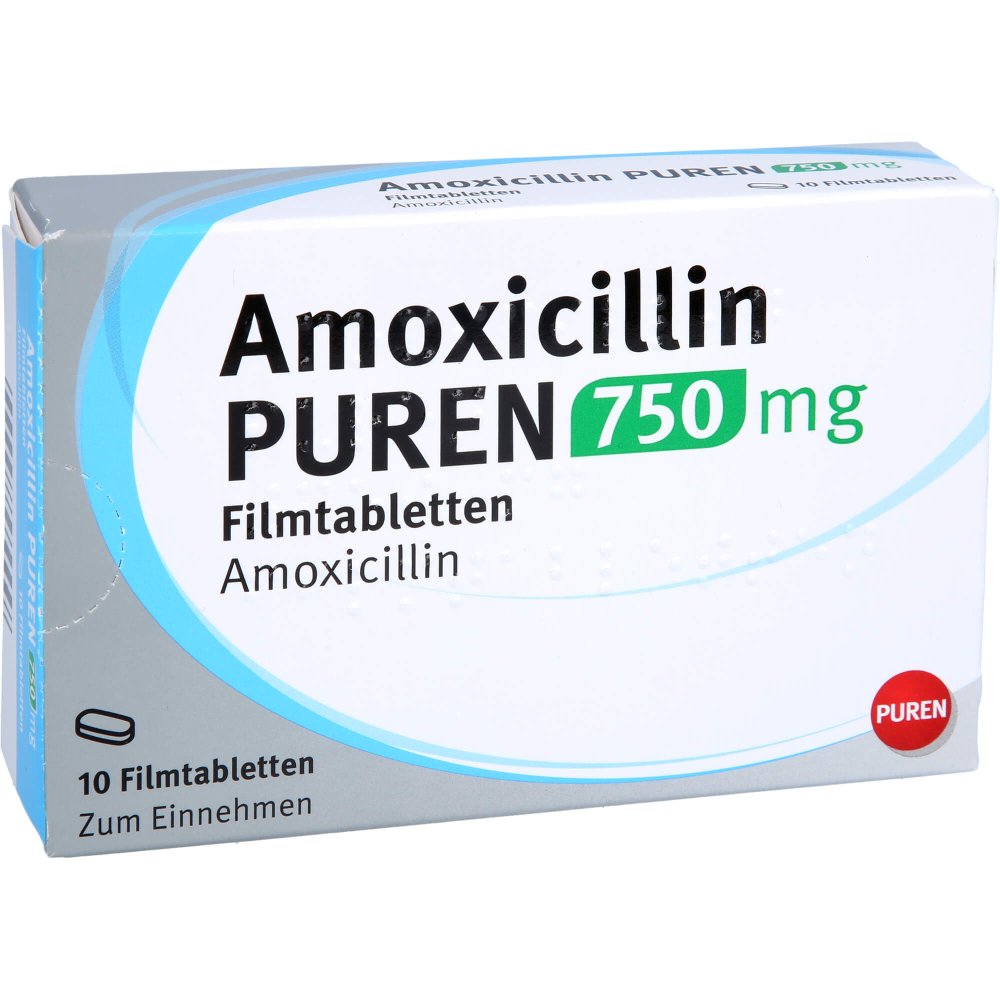 Das Produktfoto zeigt Amoxicillin Puren 750 Mg Filmtabletten (10 stk) PZN 17604216