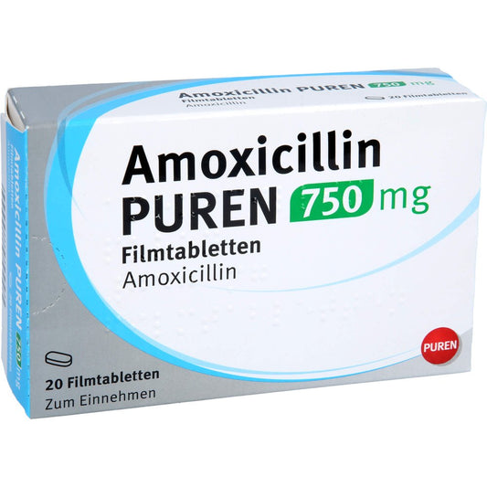 Das Produktfoto zeigt Amoxicillin Puren 750 Mg Filmtabletten (20 stk) PZN 17604245