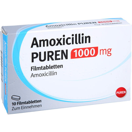 Das Produktfoto zeigt Amoxicillin Puren 1000 Mg Filmtabletten (10 stk) PZN 17604268