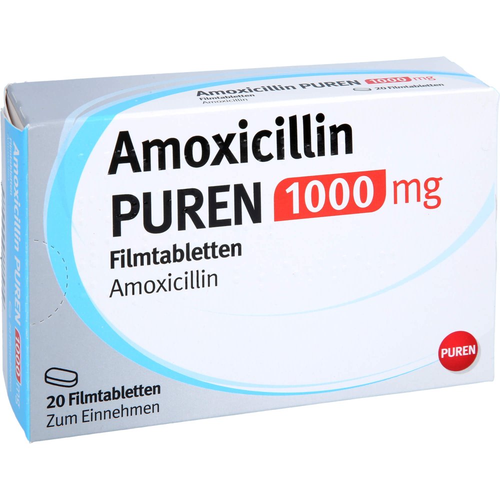 Das Produktfoto zeigt Amoxicillin Puren 1000 Mg Filmtabletten (20 stk) PZN 17604274