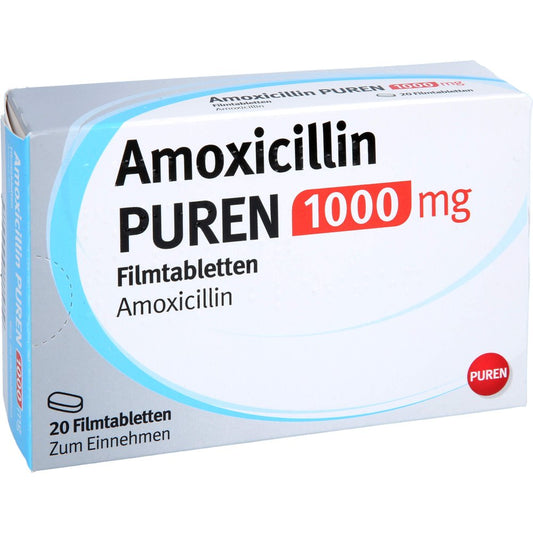 Das Produktfoto zeigt Amoxicillin Puren 1000 Mg Filmtabletten (20 stk) PZN 17604274