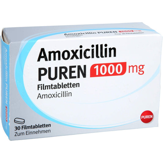 Das Produktfoto zeigt Amoxicillin Puren 1000 Mg Filmtabletten (30 stk) PZN 17604280