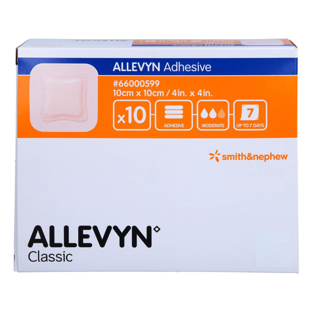 Das Produktfoto zeigt Allevyn Adhesive 10x10 Cm Haftende Wundauflage (10 stk) PZN 17606238