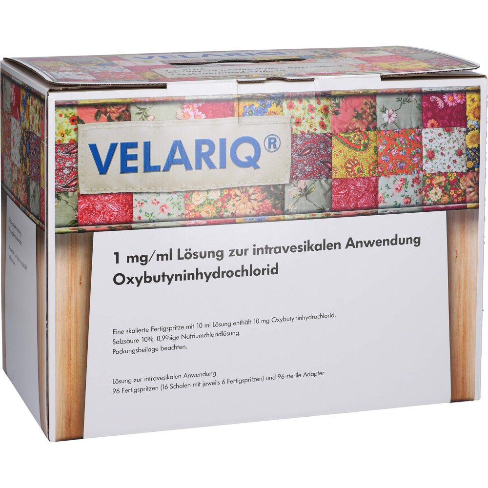Das Produktfoto zeigt Velariq 1 Mg/Ml Lsg.Z.Intravesik.Anw.Fer M.Adapter (96 stk) PZN 17610168