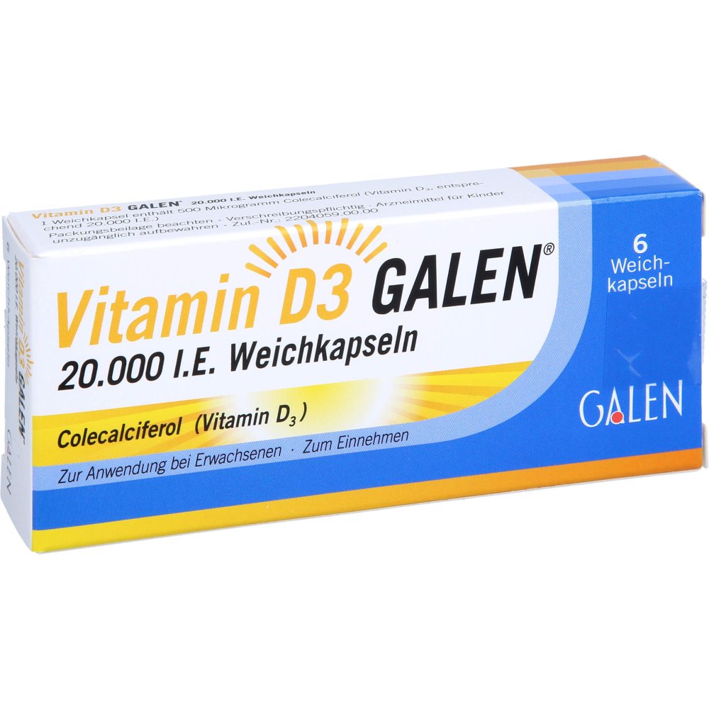 Das Produktfoto zeigt Vitamin D3 Galen 20.000 I.E. Weichkapseln (6 stk) PZN 17622786