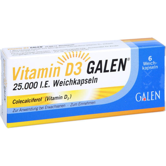 Das Produktfoto zeigt Vitamin D3 Galen 25.000 I.E. Weichkapseln (6 stk) PZN 17622800