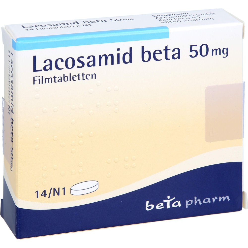 Das Produktfoto zeigt Lacosamid Beta 50 Mg Filmtabletten (14 stk) PZN 17622964