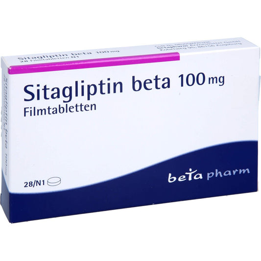 Das Produktfoto zeigt Sitagliptin Beta 100 Mg Filmtabletten (28 stk) PZN 17623202