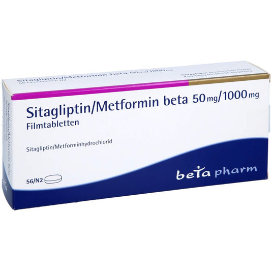Das Produktfoto zeigt Sitagliptin/Metformin Beta 50 Mg/1000 Mg Filmtabl. (56 stk) PZN 17623314