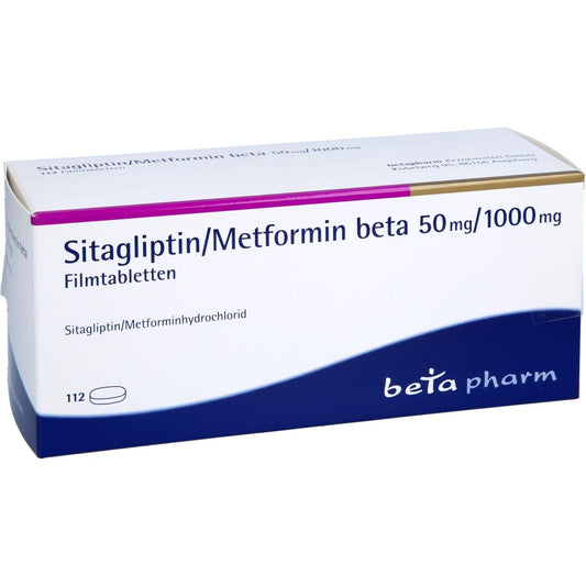 Das Produktfoto zeigt Sitagliptin/Metformin Beta 50 Mg/1000 Mg Filmtabl. (112 stk) PZN 17623320