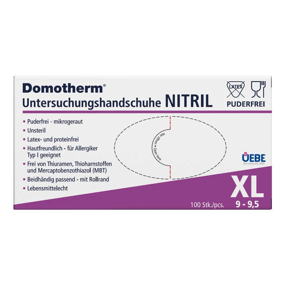 Das Produktfoto zeigt Domotherm Unt.Handschuhe Nitril Unste.Pf Xl Blau (100 stk) PZN 17627921