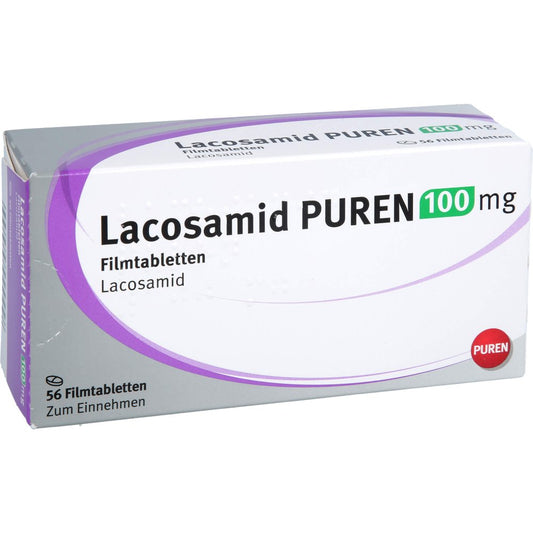 Das Produktfoto zeigt Lacosamid Puren 100 Mg Filmtabletten (56 stk) PZN 17636854