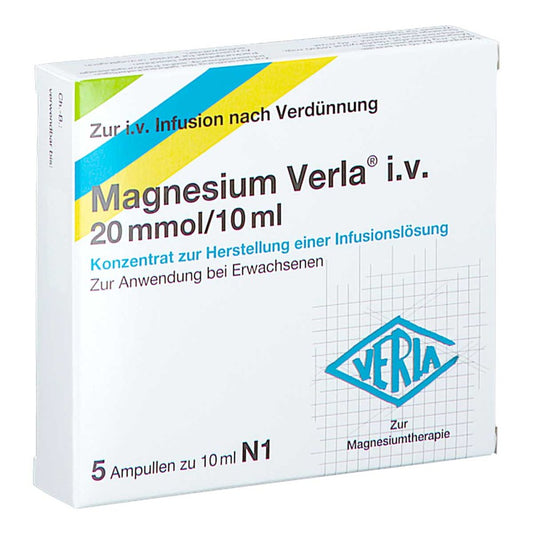 Das Produktfoto zeigt Magnesium Verla I.V. 20 Mmol/10 Ml K.Z.H.E.Inf.Lsg (5 stk) PZN 17638787