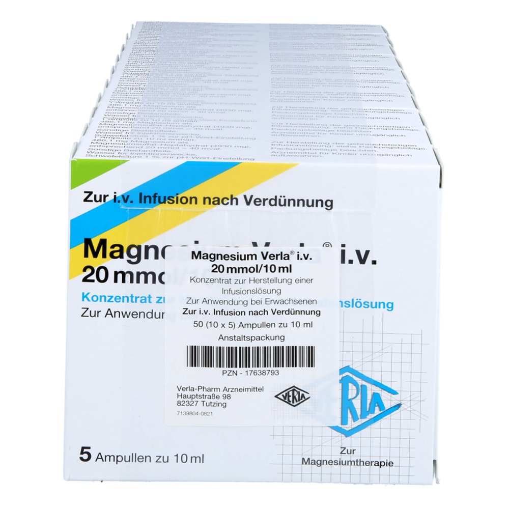 Das Produktfoto zeigt Magnesium Verla I.V. 20 Mmol/10 Ml K.Z.H.E.Inf.Lsg (50 stk) PZN 17638793