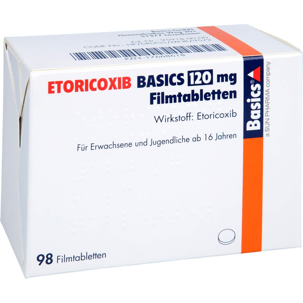 Das Produktfoto zeigt Etoricoxib Basics 120 Mg Filmtabletten (98 stk) PZN 17668618