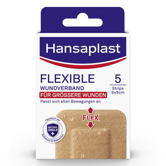 Das Produktfoto zeigt Hansaplast Flexible Wundverband 6x9,5 Cm Strips (5 stk) PZN 17757405