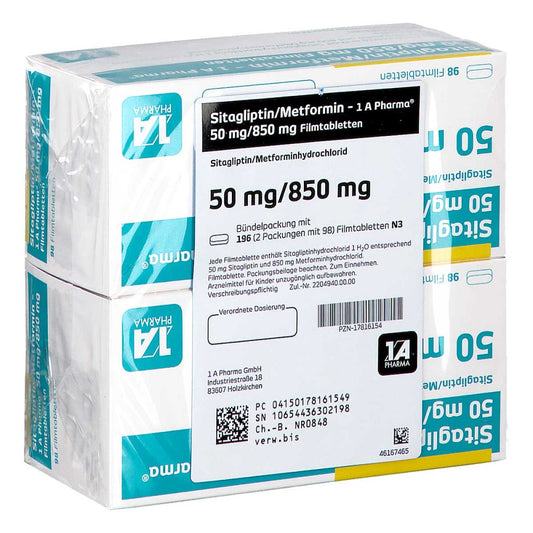 Das Produktfoto zeigt Sitagliptin/Metformin-1a Pharma 50 Mg/850 Mg Fta (196 stk) PZN 17816154
