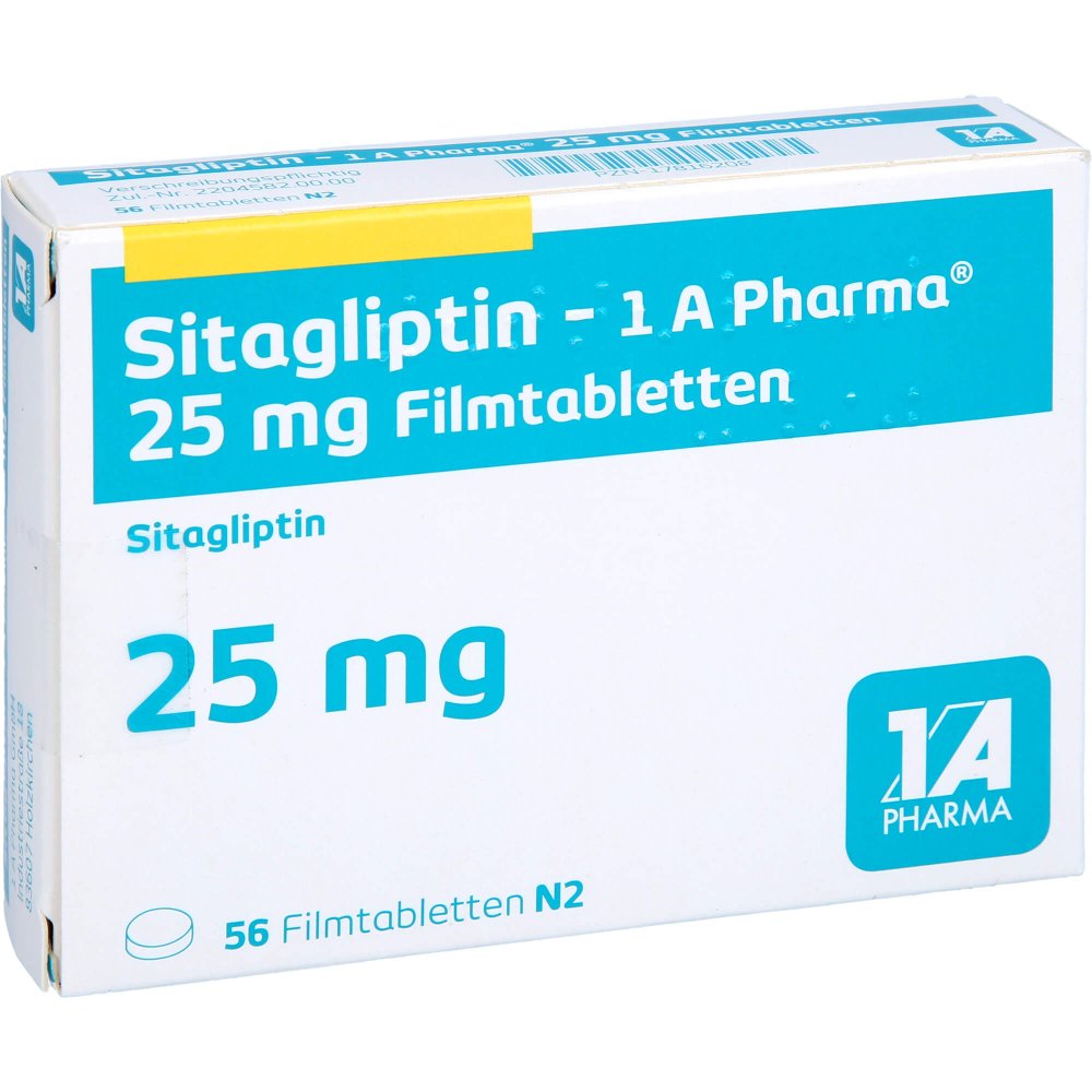 Das Produktfoto zeigt Sitagliptin-1a Pharma 25 Mg Filmtabletten (56 stk) PZN 17816208