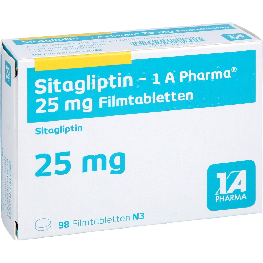 Das Produktfoto zeigt Sitagliptin-1a Pharma 25 Mg Filmtabletten (98 stk) PZN 17816214
