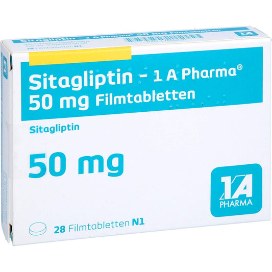 Das Produktfoto zeigt Sitagliptin-1a Pharma 50 Mg Filmtabletten (28 stk) PZN 17816220