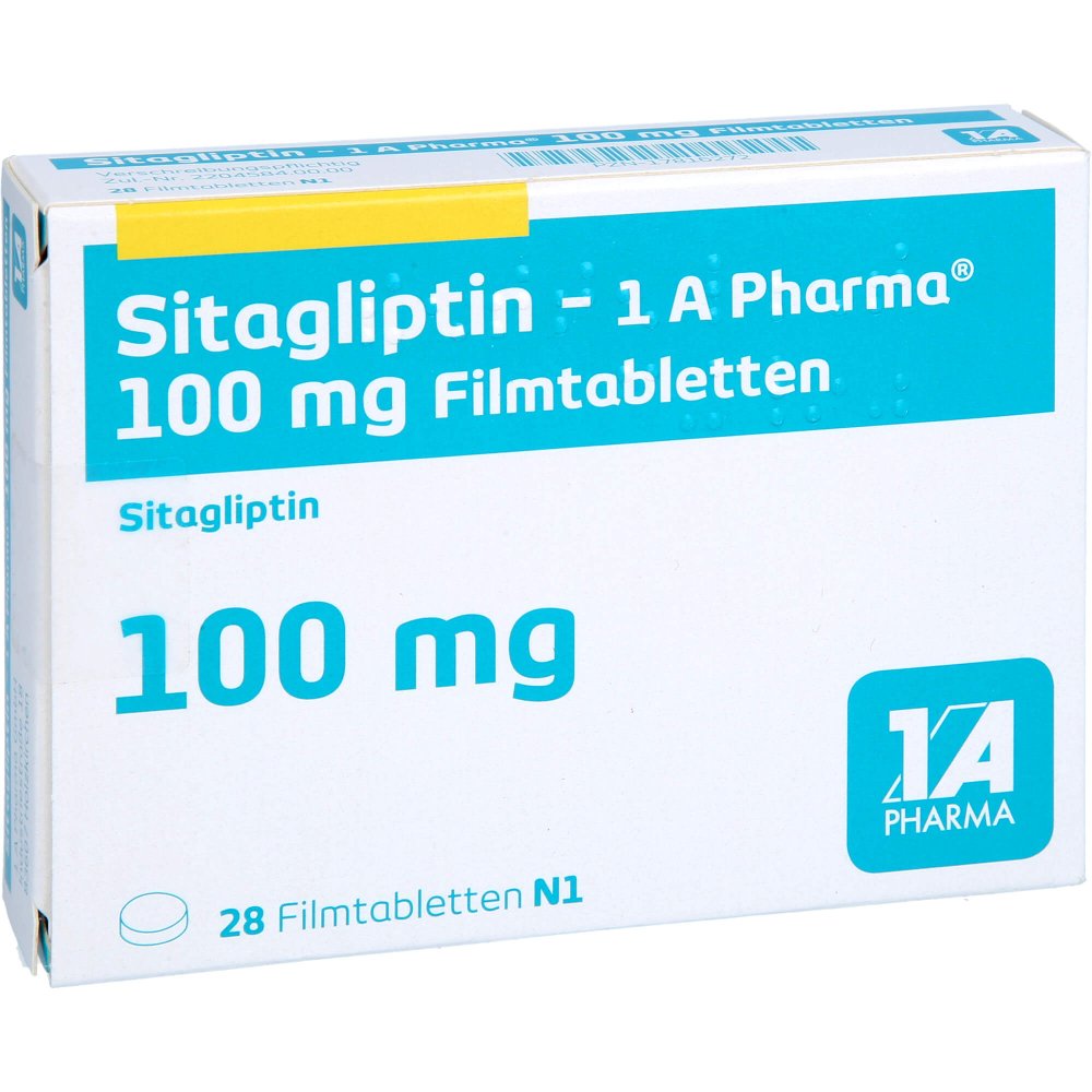 Das Produktfoto zeigt Sitagliptin-1a Pharma 100 Mg Filmtabletten (28 stk) PZN 17816272