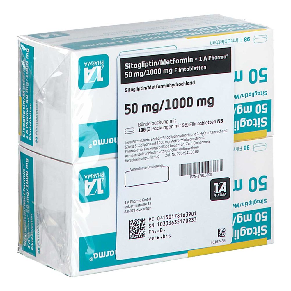 Das Produktfoto zeigt Sitagliptin/Metformin-1a Pharma 50 Mg/1000 Mg Fta (196 stk) PZN 17816390