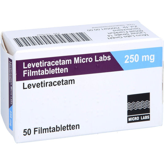 Das Produktfoto zeigt Levetiracetam Micro Labs 250 Mg Filmtabletten (50 stk) PZN 17819224
