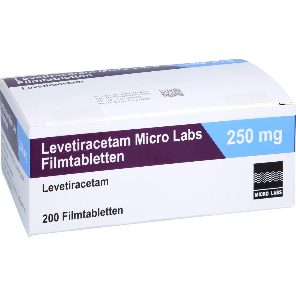 Das Produktfoto zeigt Levetiracetam Micro Labs 250 Mg Filmtabletten (200 stk) PZN 17819247