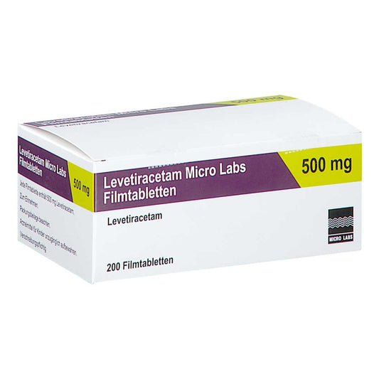 Das Produktfoto zeigt Levetiracetam Micro Labs 500 Mg Filmtabletten (200 stk) PZN 17819342