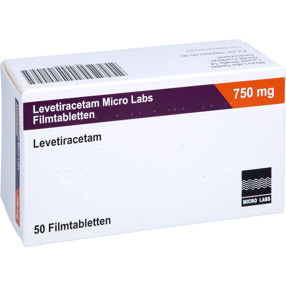 Das Produktfoto zeigt Levetiracetam Micro Labs 750 Mg Filmtabletten (50 stk) PZN 17819359
