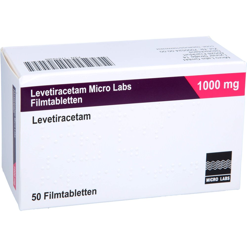 Das Produktfoto zeigt Levetiracetam Micro Labs 1000 Mg Filmtabletten (50 stk) PZN 17819388