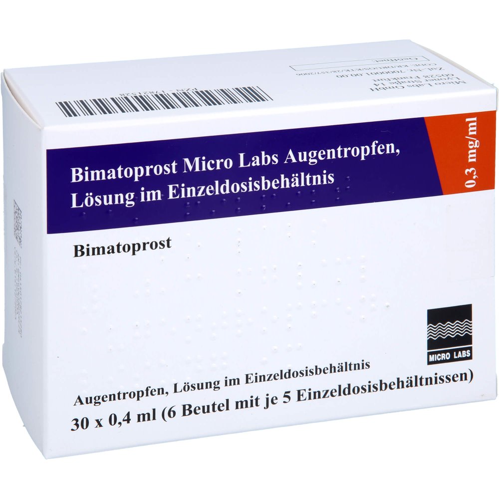 Das Produktfoto zeigt Bimatoprost Micro Labs 0,3 Mg/Ml Atr Lsg.Einzeldos (30X0.4 ml) PZN 17821528
