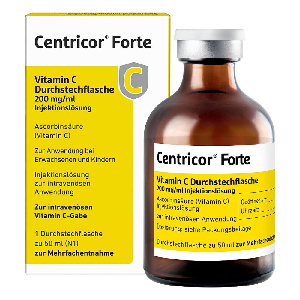 Das Produktfoto zeigt Centricor Forte Vitamin C Dsfl. 200 Mg/Ml Inj.-L. (1X50 ml) PZN 17830438
