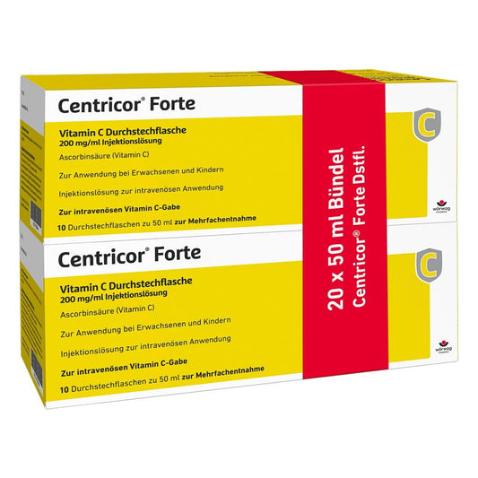 Das Produktfoto zeigt Centricor Forte Vitamin C Dsfl. 200 Mg/Ml Inj.-L. (20X50 ml) PZN 17830444