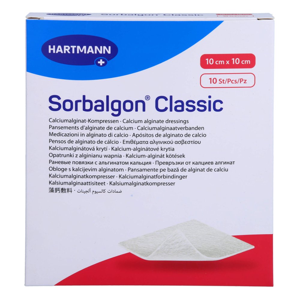 Das Produktfoto zeigt Sorbalgon Classic 10x10 Cm Calciumalginat-Kompr. (10 stk) PZN 17834399