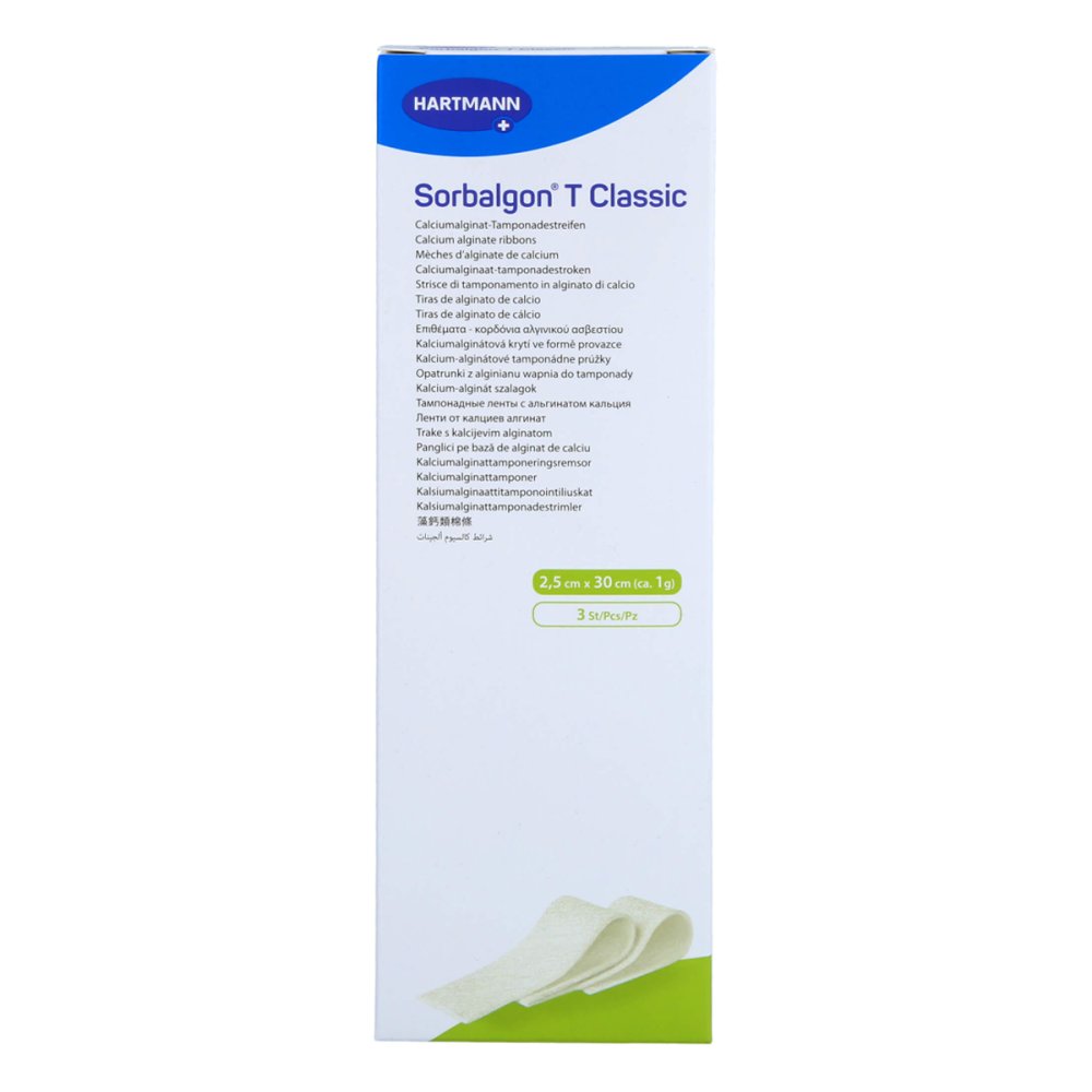 Das Produktfoto zeigt Sorbalgon T Classic 1 G Steril 30 Cm Tamponadestr. (3 stk) PZN 17834442