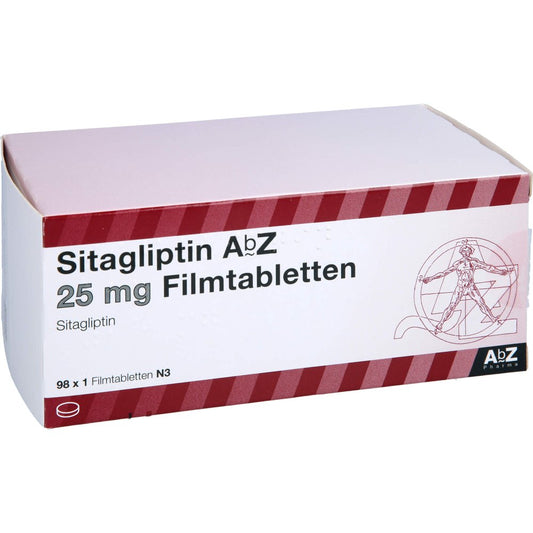Das Produktfoto zeigt Sitagliptin Abz 25 Mg Filmtabletten (98 stk) PZN 17840299
