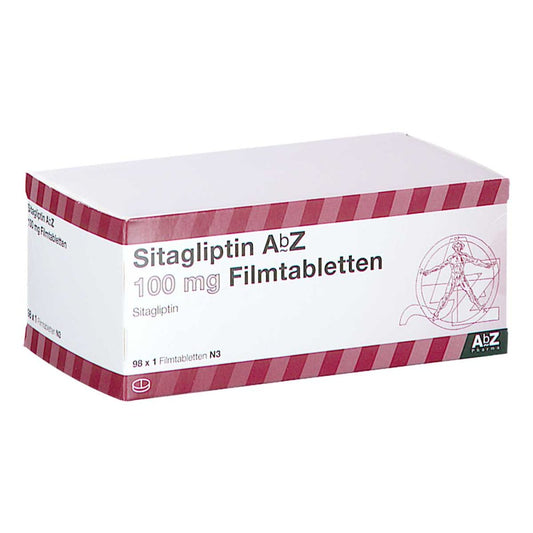 Das Produktfoto zeigt Sitagliptin Abz 100 Mg Filmtabletten (98 stk) PZN 17840342