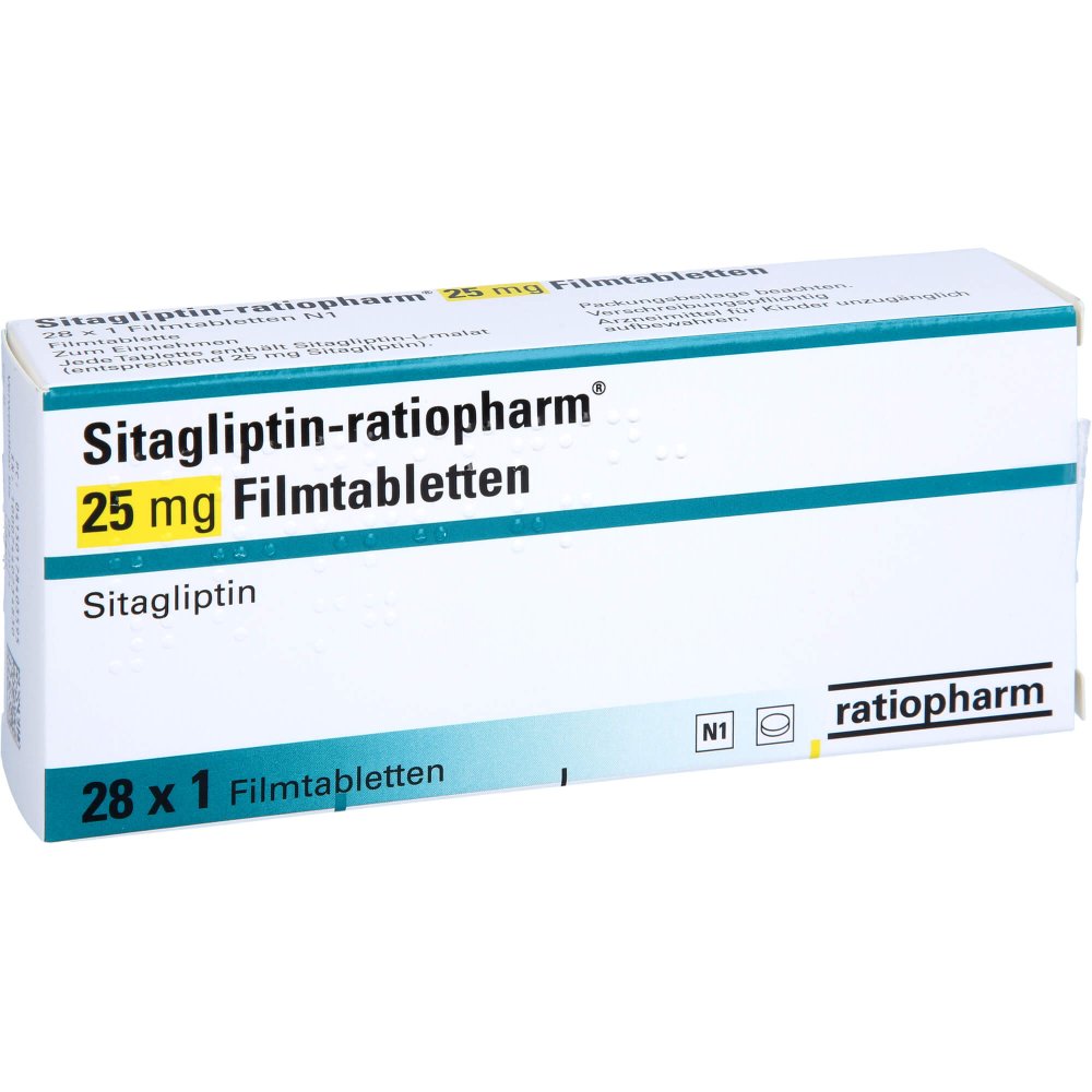 Das Produktfoto zeigt Sitagliptin-Ratiopharm 25 Mg Filmtabletten (28 stk) PZN 17840359