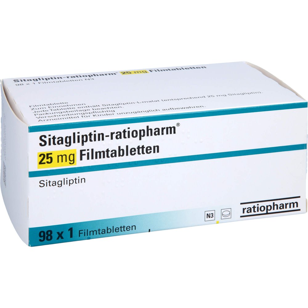 Das Produktfoto zeigt Sitagliptin-Ratiopharm 25 Mg Filmtabletten (98 stk) PZN 17840365