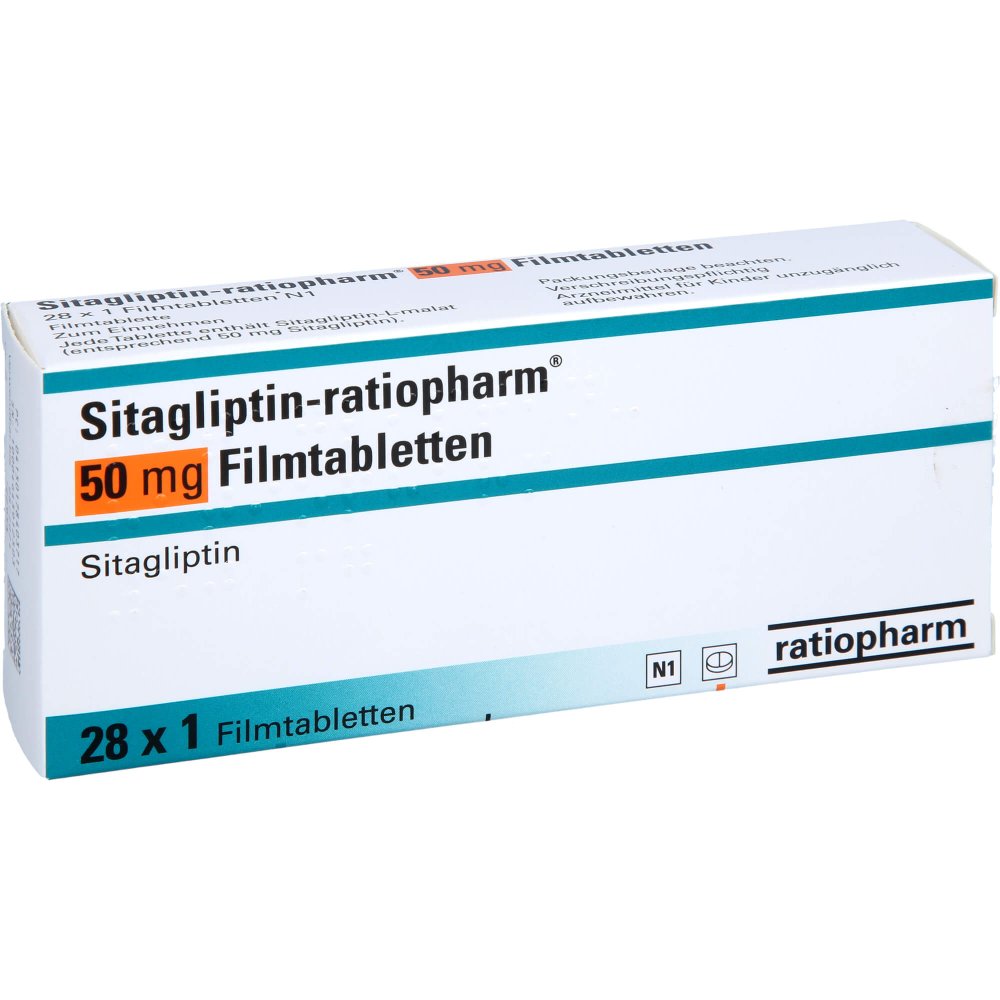 Das Produktfoto zeigt Sitagliptin-Ratiopharm 50 Mg Filmtabletten (28 stk) PZN 17840371