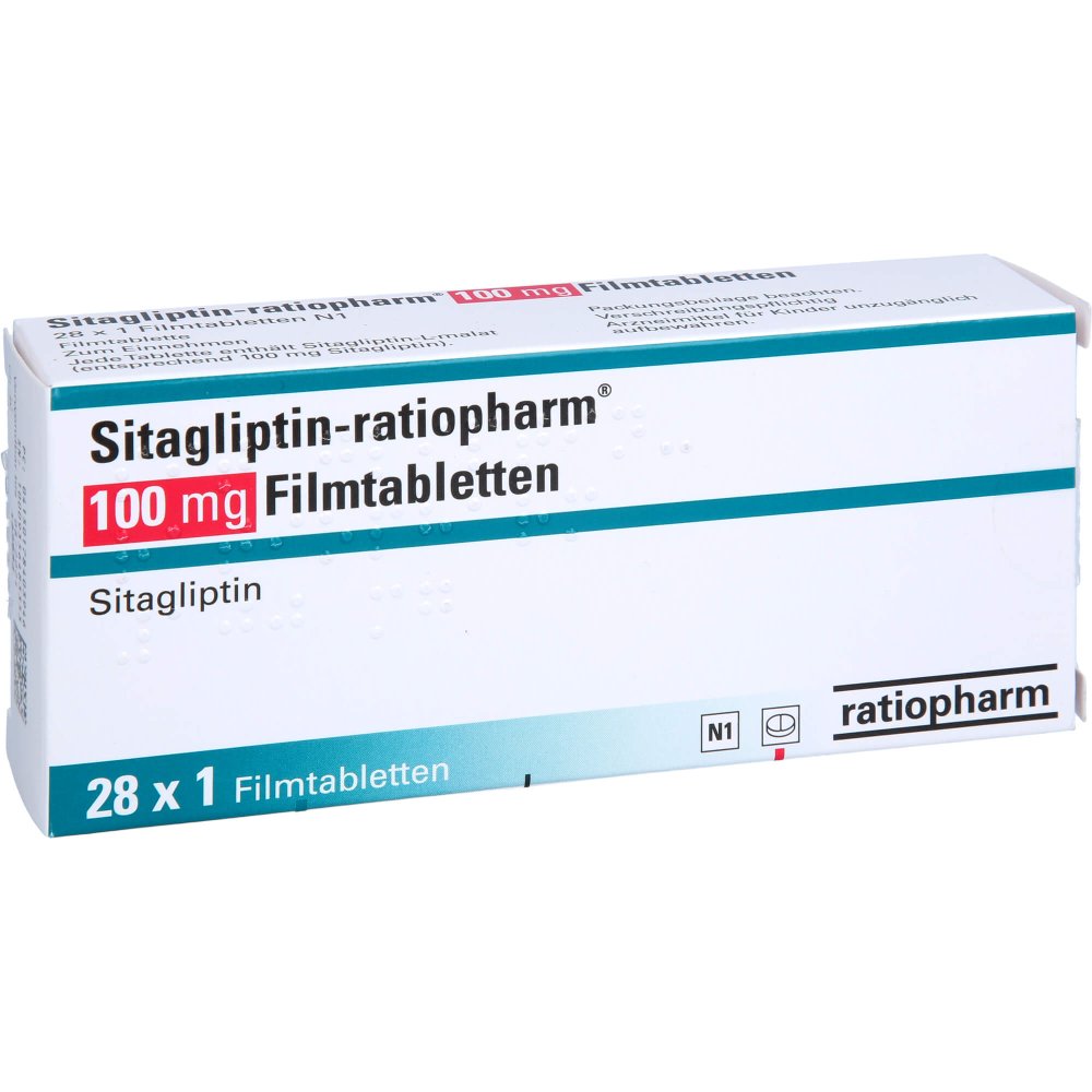 Das Produktfoto zeigt Sitagliptin-Ratiopharm 100 Mg Filmtabletten (28 stk) PZN 17840394