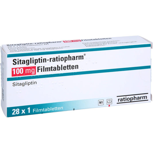 Das Produktfoto zeigt Sitagliptin-Ratiopharm 100 Mg Filmtabletten (28 stk) PZN 17840394