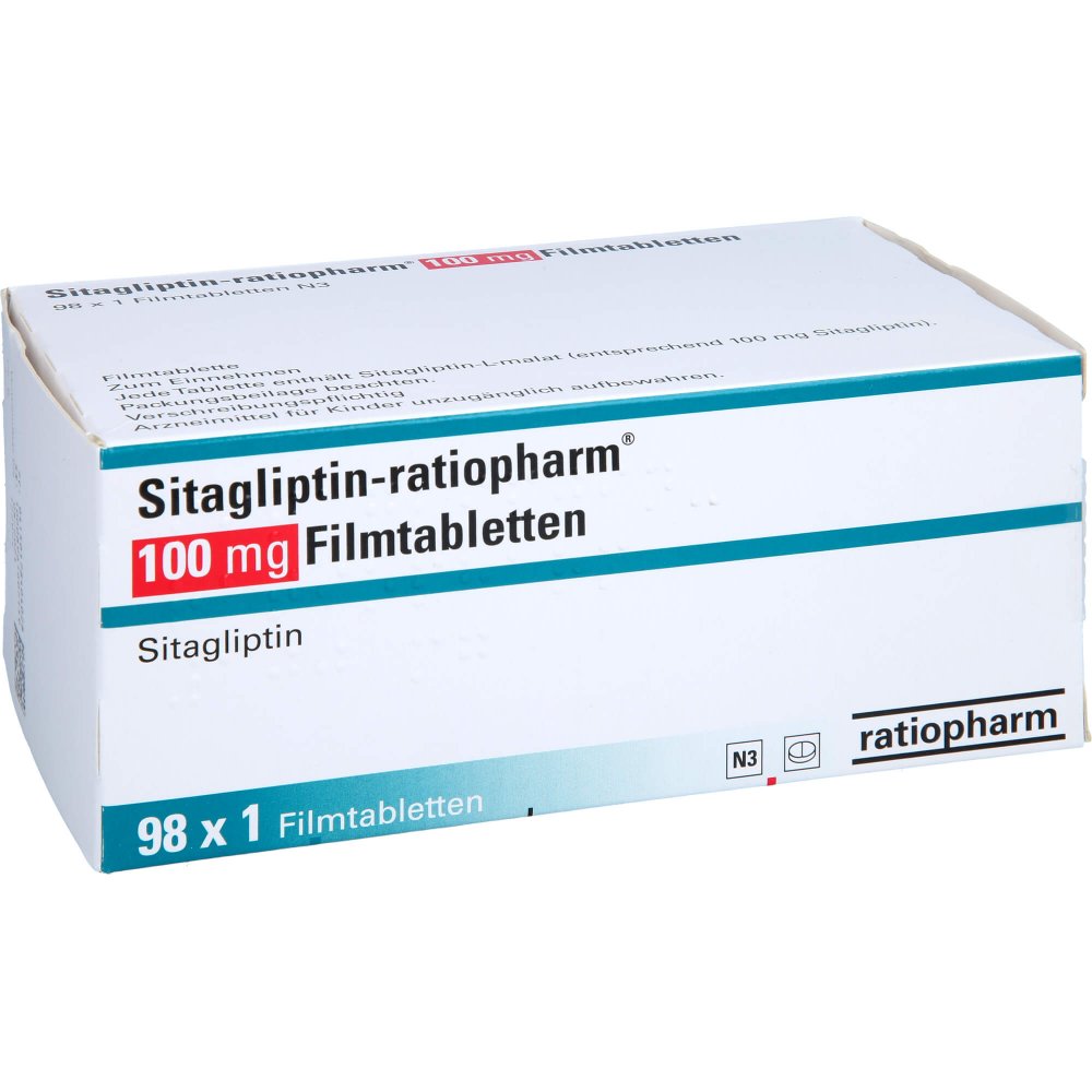 Das Produktfoto zeigt Sitagliptin-Ratiopharm 100 Mg Filmtabletten (98 stk) PZN 17840402