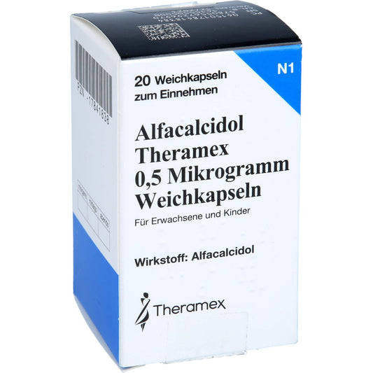 Das Produktfoto zeigt Alfacalcidol Theramex 0,5 Mikrogramm Weichkapseln (20 stk) PZN 17841838