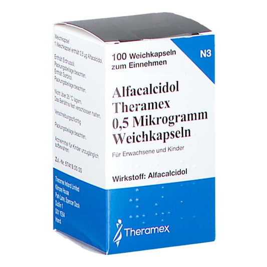 Das Produktfoto zeigt Alfacalcidol Theramex 0,5 Mikrogramm Weichkapseln (100 stk) PZN 17841850