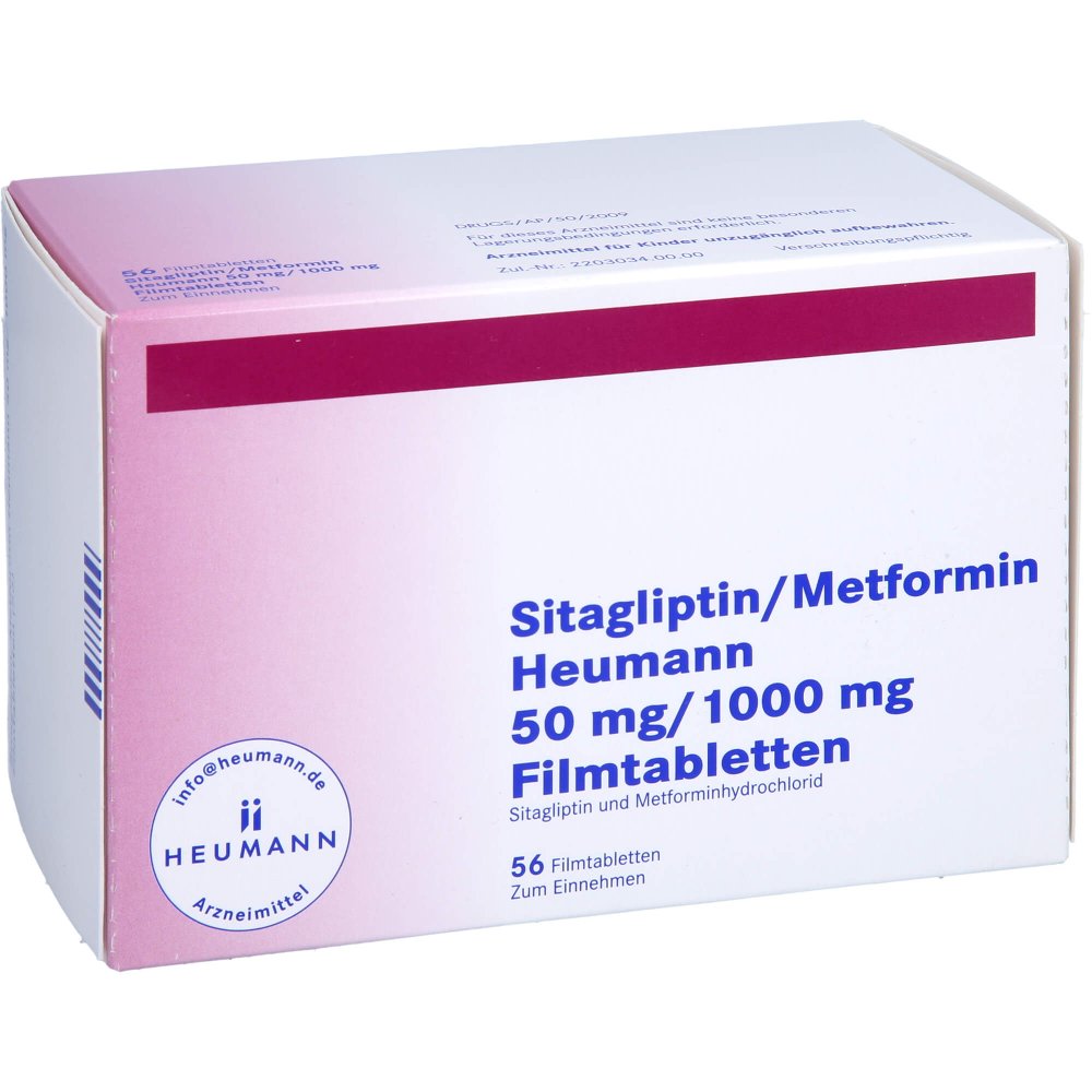 Das Produktfoto zeigt Sitagliptin/Metformin Heumann 50 Mg/1000 Mg Fta (56 stk) PZN 17844104